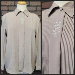 Claudia Richard Neutral Cream Tan Embroidered Pleated Button Down Shirt Size 10